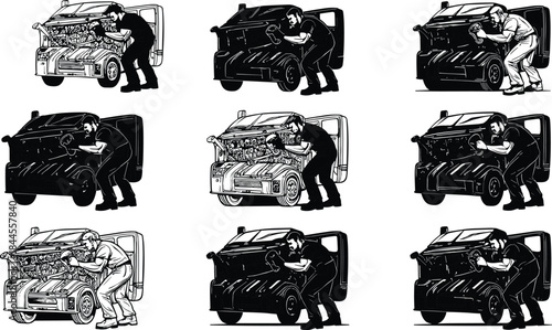 Car engine inspection, mechanic silhouette, vehicle maintenance, hood open, automotive repair, diagnostic posture, industrial style, black and white illustration, contrast study, technician at work