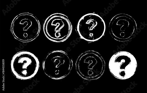 This design features white question mark symbols enclosed within circular shapes on a dark background. Ideal for FAQ sections, quizzes, educational graphics, help icons.