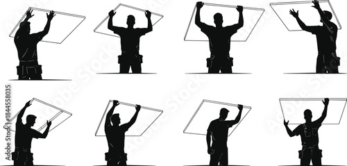 Ceiling panel installation silhouettes, drywall overhead work, construction worker poses, tool belt handyman, interior building process, home improvement technique, labor action