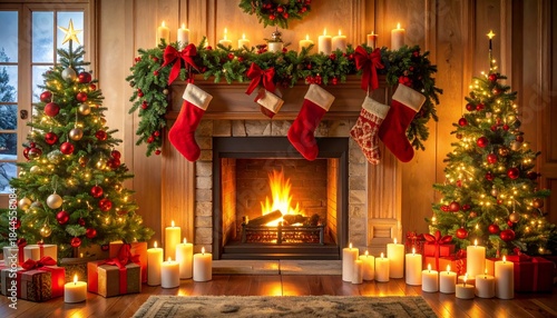 Cozy fireplace scene with lit candles, festive greenery, and Christmas trees