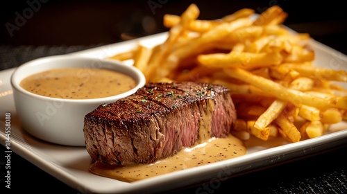Steak frites plated with a side of crispy hand-cut fries and a rich, velvety peppercorn sauce French bistro elegance