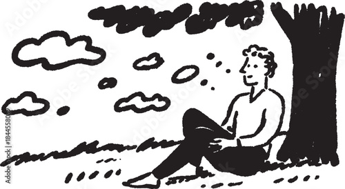 Man sitting under a tree, enjoying nature. Simple black and white cartoon vector illustration with clouds and a grassy outlook.