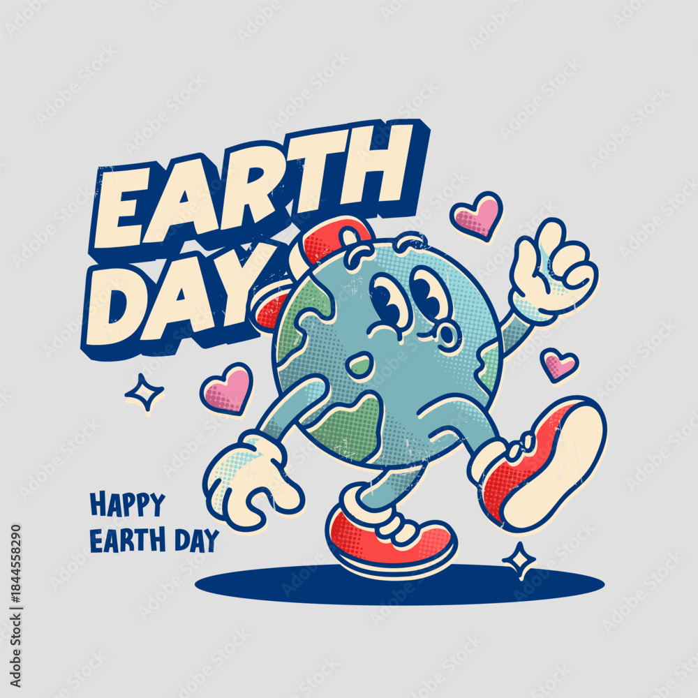 Fototapeta premium Retro Earth Day Mascot Character Walking Vintage Cartoon Vector