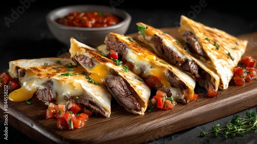 Steak quesadilla with melted cheese grilled beef and salsa cut into triangular slices Mexican cuisine