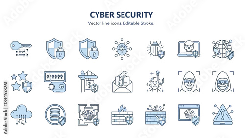 Cyber Security Icon Set Protecting Digital Assets with Shield, Lock, and Data Protection Symbols