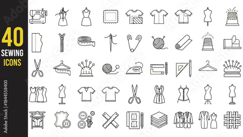 Collection of 40 Sleek Outline Icons for Sewing and Tailoring Essentials