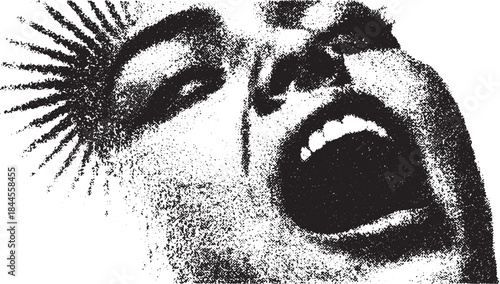 Bold black and white vector illustration of a screaming face with high contrast. The expressive portrait features a dynamic texture in a set format.