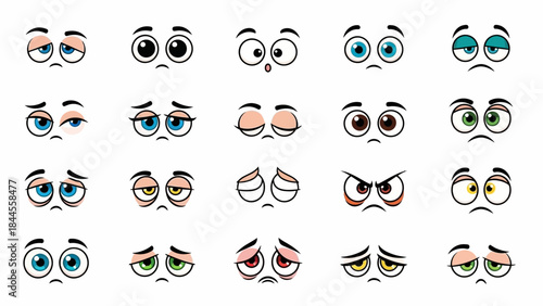 A comprehensive vector collection of diverse cartoon eyes, skillfully rendered to portray a wide range of human emotions and facial expressions for animation and graphic design projects