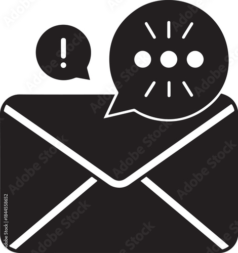 Minimal black message notification icon with chat bubble and alert symbol for instant communication modern app interface design