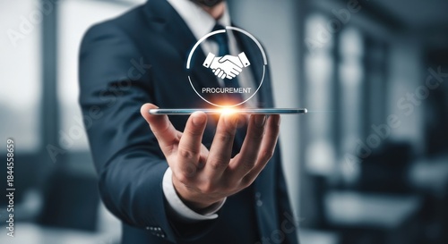 Businessman holding smartphone with digital procurement interface with handshake icon, for efficient supply chain management, vendor agreement, strategic partnership, corporate purchasing