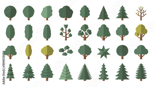 A Comprehensive Set of Sleek and Solid Flat Design Tree Illustrations, Featuring Diverse Botanical Shapes and Styles for Modern Graphic Design Projects and Nature-Themed Visuals