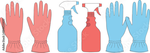Cleaning Gloves and Spray Bottle Set for Housekeeping Hygiene and Sanitizing Supplies Flat Vector Illustration