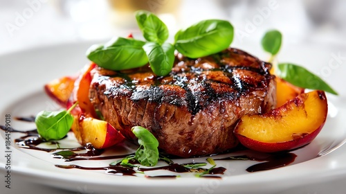 Steak with grilled peaches and balsamic glaze plated with fresh basil leaves gourmet presentation