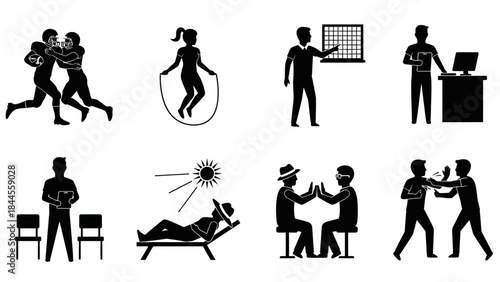 Set of icons representing diverse activities and professions including sports, education, and relaxation