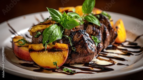 Steak with grilled peaches and balsamic glaze plated with fresh basil leaves gourmet presentation