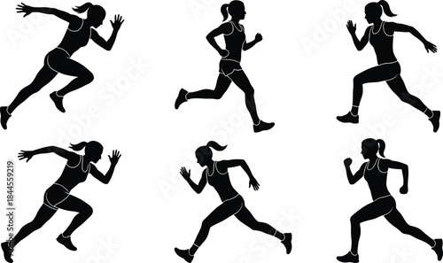 Silhouettes of female runners in various track and field poses