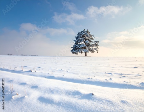 A snow-covered landscape with a solitary, frosted evergreen tree under a bright, blue sky
