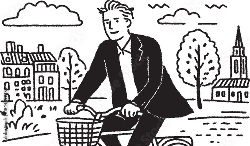 Man in a suit riding a bicycle through a cityscape. This outdoor vector illustration features buildings, trees, and clouds in a sketch style.