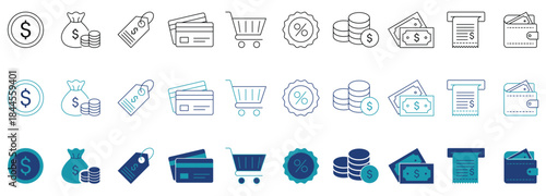Modern pricing and payment line icons set. Money, discounts, cart, wallet and checkout symbols.