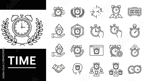 Sleek vector line icons illustrating time management, productivity, scheduling, and deadline concepts, with clocks and stopwatches for modern digital designs