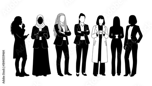 Sleek silhouettes of diverse professional women standing confidently, symbolizing empowerment, leadership, and inclusion in the modern workforce through a clean, solid graphic illustration