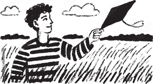 A boy holding a kite in a field under a cloudy sky. Simple vector illustration emphasizes outdoor play and childhood joy.