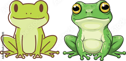Cute and Realistic Frog Characters Comparison Showing Flat Cartoon and Detailed Amphibian Vector Illustration