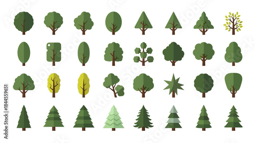Collection of various trees and plants in a flat design style
