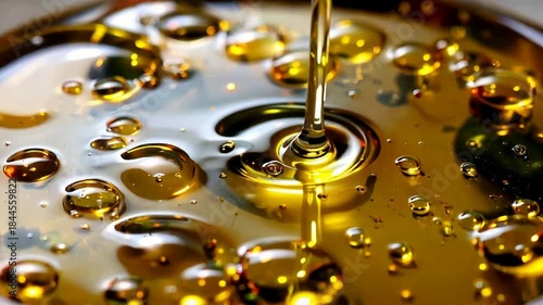 Golden Oil Pouring Into Liquid Creating Ripples and Bubbles Macro Shot.