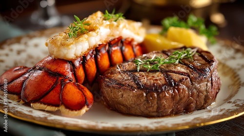 Surf and turf dish with grilled steak and buttered lobster tail served on a fine dining plate high detail