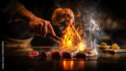 Teppanyaki chef grilling wagyu steak on an iron griddle with flames and dramatic lighting high detail