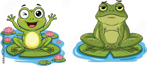 Cute and Serious Frog Characters Sitting on Lily Pads Showing Different Emotions in Cartoon Vector Illustration