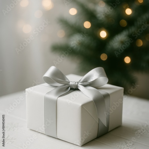 Minimal luxury Christmas gift box wrapped in white paper with silver satin ribbon, perfect for premium branding mockups, ecommerce product presentation and elegant holiday marketing visuals, editorial