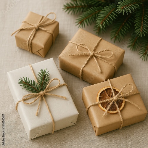 Eco friendly Christmas gift boxes wrapped in kraft and white paper with natural twine, ideal for sustainable packaging mockups, branding presentation and eco conscious holiday marketing, editorial use