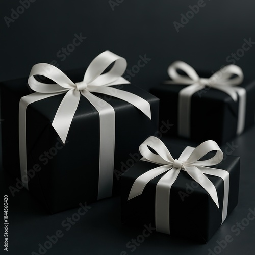 Luxury black christmas gift boxes with white satin ribbons on dark background, elegant premium packaging mockup for branding presentation, logo placement and holiday marketing, editorial use, digital