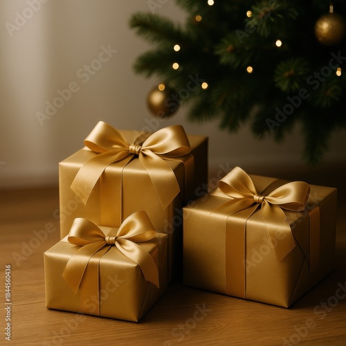 Luxury gold Christmas gift boxes with satin ribbons placed on wooden floor under decorated tree, ideal for premium holiday marketing, ecommerce campaigns, festive branding and seasonal advertising.