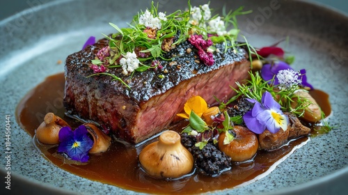 Wagyu steak served with a foie gras-infused Bordelaise sauce plated with wild foraged mushrooms and edible flowers artistic luxury