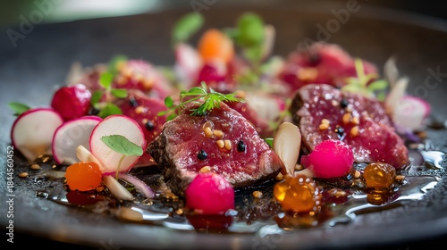 Wagyu tataki plated with ponzu gel spheres and finely sliced radishes served with an artistic Japanese presentation