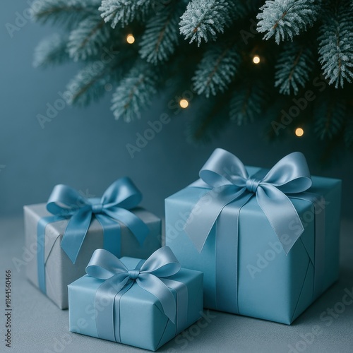 Elegant light blue Christmas gift boxes with satin ribbons placed under frosted pine branches, ideal for winter holiday marketing, premium ecommerce banners, luxury seasonal branding and festive ads.