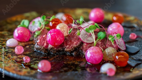 Wagyu tataki plated with ponzu gel spheres and finely sliced radishes served with an artistic Japanese presentation