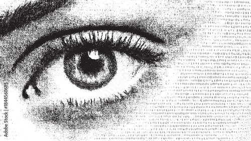 Closeup of an eye with binary stream patterns. This detailed vector illustration showcases a sharp black and white design in a unique style.