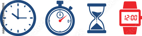 Set of four time measurement icons clock, stopwatch, hourglass, and smartwatch