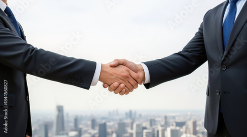 Two professional businessmen shaking hands in a decisive gesture of partnership and agreement, set against an expansive, blurred cityscape, symbolizing global business and future o