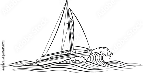 Black and white line art drawing of a sailboat on rough seas