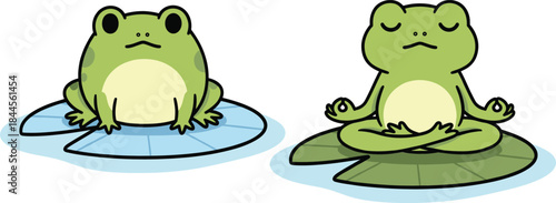 Cute Cartoon Frog Meditating on Lily Pad with Yoga Pose and Calm Relaxation Vector Illustration