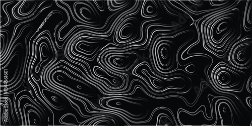 Abstract topographic map contour lines in black and white with a luminous glow effect, showcasing organic, flowing curves and swirling patterns that suggest elevation or terrain