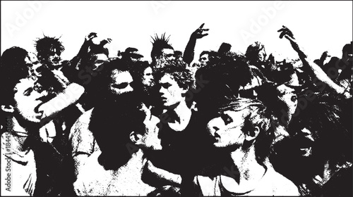 Crowd of people at a music concert. Black and white vector illustration capturing energy during a lively festival.