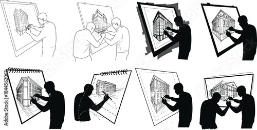 Collaborative architectural drawing sequence, two people sketching building design, black and white render, teamwork illustration, perspective development, design process