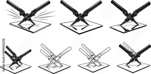 Compass drawing circle step-by-step, geometry tool in motion, technical illustration for education, drafting, math, precision, instructional sequence