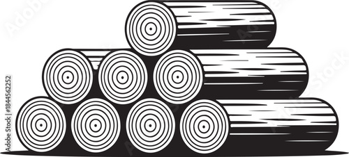Detailed out line art of stacked firewood logs with visible bark texture isolated on white background